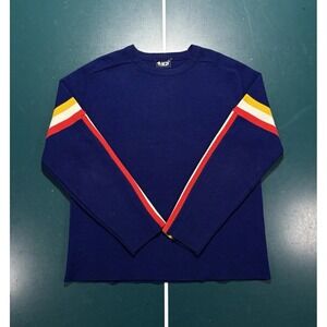 Vintage 80s‎ Ribbed Striped Crewneck Sweater Men's Large Blue White Ski Retro